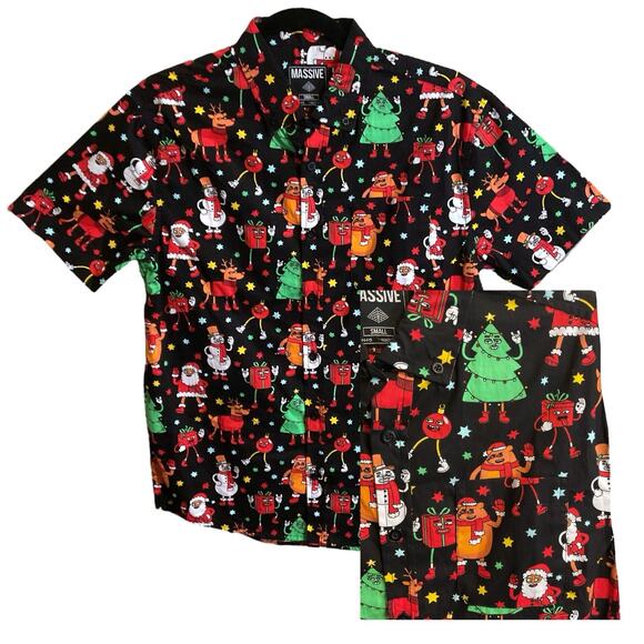 MASSIVE CHRISTMAS SHIRT Men's Size S Character Black Red Short Sleeve Pocket - Picture 1 of 4